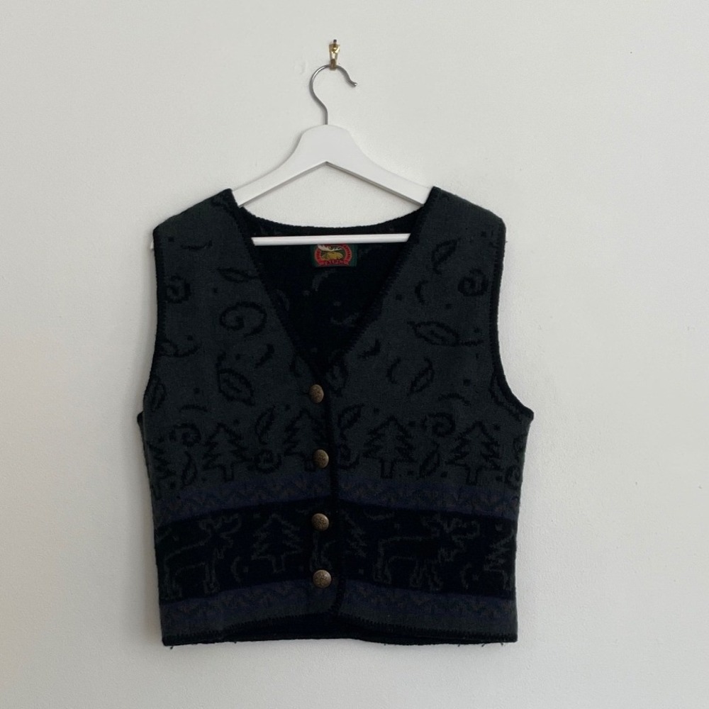 ALPS Vintage Moose Pine Tree Sweater Vest Womens Small Green Black Wool Cabin